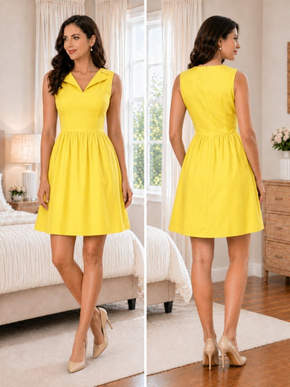 Lela Rose Yellow Split-Neck A-Line Dress $950